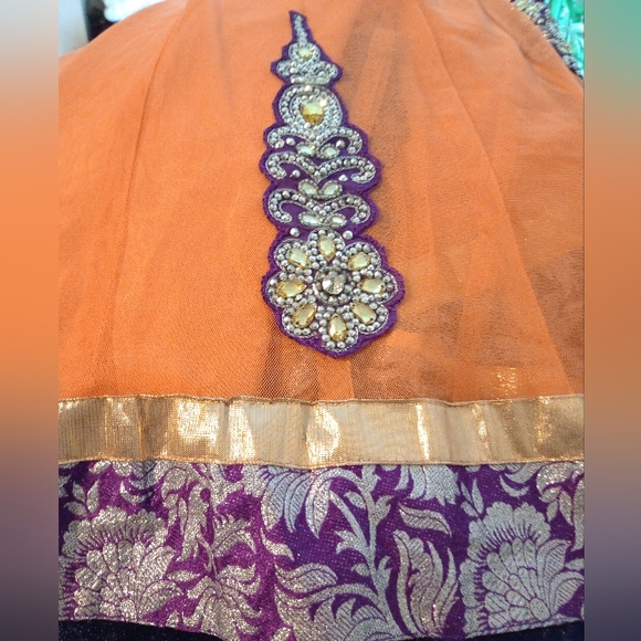 Halloween  Beaded Indian Maxi Dress, Orange, Purple floral, gold satin trim, L - Picture 12 of 12